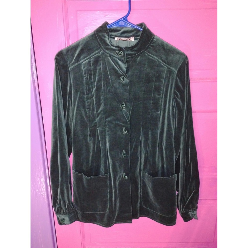 70s Vintage Women's Green Velvet Addenda Jacket Blazer Mandarin Collar Size 6